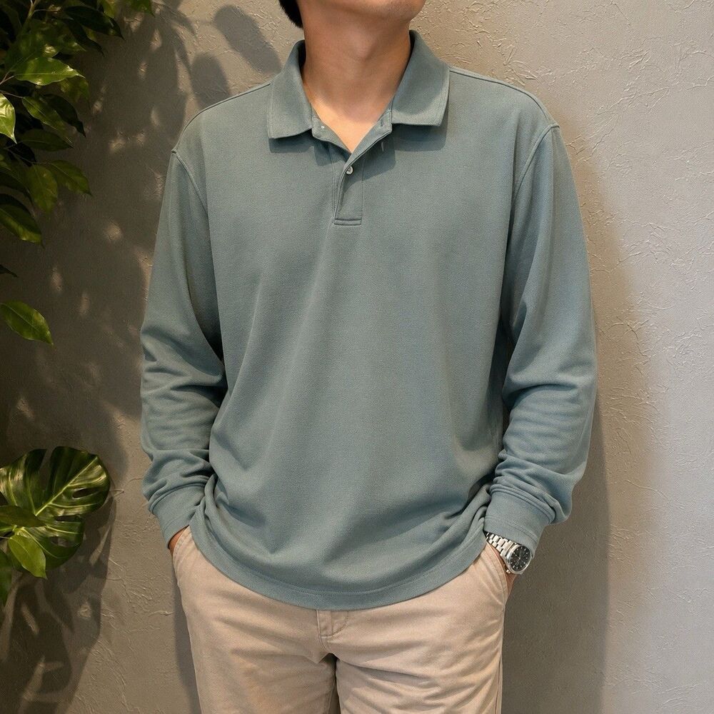 L.L.Bean Traditional Fit Long Sleeve Polo Shirt XL Green Cotton Dadcore Classic